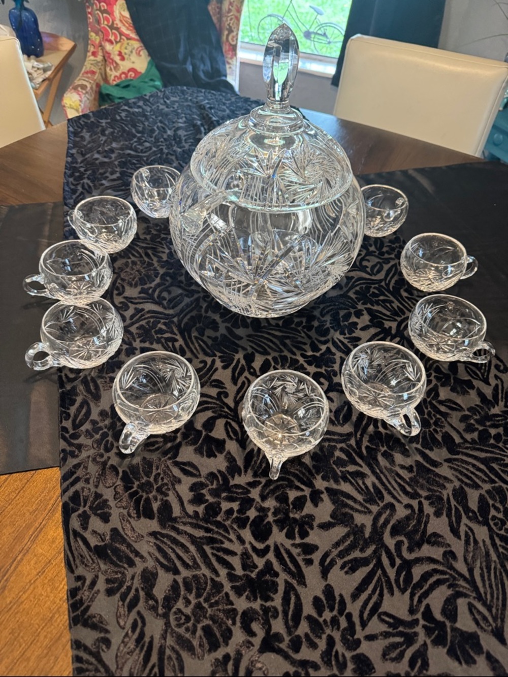 Vintage Starburst Crystal Punch Bowl Set with 12 Matching Cups - with ladle